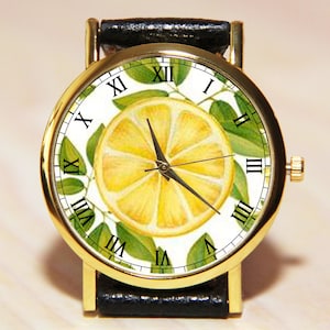 Half lemon watch, lemon wristwatch, women&#39;s watch, lemon watch, leather watch, yellow watch, fruit watch, watch gift, watch summer