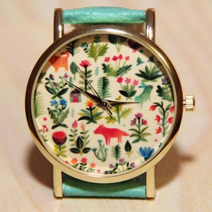 Watch forest, watch animals, women&#39;s watches, fairy tale watch , children watch, red watch, black watch, watches turquoise, flower clock