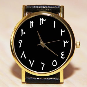 Arabic Watch, Persian Numbers Watch, Leather Watch, Men&#39;s Watch, women’s watches, custom watch, wrist watch with Arabic numerals,black watch