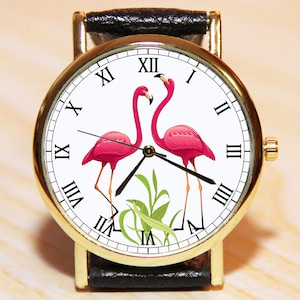 Pink flamingo watch, women&#39;s watch, men&#39;s watch, bird watch, leather watch, pink watch, minimalism watch, wedding watch, jewelry flamingo