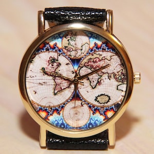 Antieke wereldkaart polshorloge, herenhorloge, dameshorloges, reizigershorloge, reizigerscadeau, wereldkaarthorloge, kaarthorloge, wereldbolhorloge