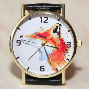 Fox Watch, Watch animals, women&#39;s watches, men&#39;s watches, fox jewelry, red fox watch, Wristwatch oil painting, Watch art, watch gift