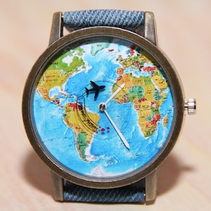 Wereldkaart polshorloge, denimhorloge, reisklok, polshorloge vliegtuig, herenhorloge, dameshorloges, unieke horloges, handgemaakte horloges
