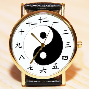 Japanese numerals watch, women&#39;s watch, men&#39;s watch, leather watch, YIN YANG watches, black and white watch, minimalism watch, quartz watch