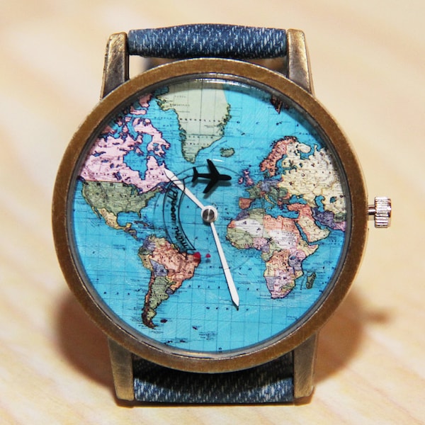 Wristwatches with aircraft, watches world map, watches earth globe, travelers watch, jeans strap