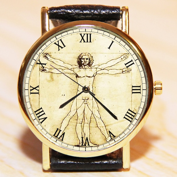 Leonardo Da Vinci Watch, Vitruvian Man watch,  Da Vinci code watch, women's watches, men's watches, leather watch, Leonardo Da Vinci jewelry