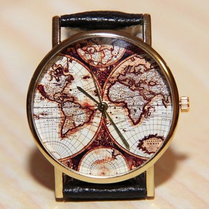 Wrist Watches Antique world map, Watch world map, travel clock, men's watches, women's watches, watches with leather strap, handmade watches