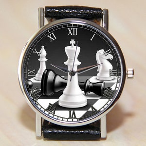 Schachuhren, Herrenuhren, Damenuhren, Schachfiguren, schwarze Uhren, Lederuhren, Uhr, Geburtstagsgeschenk, Uhr individuell