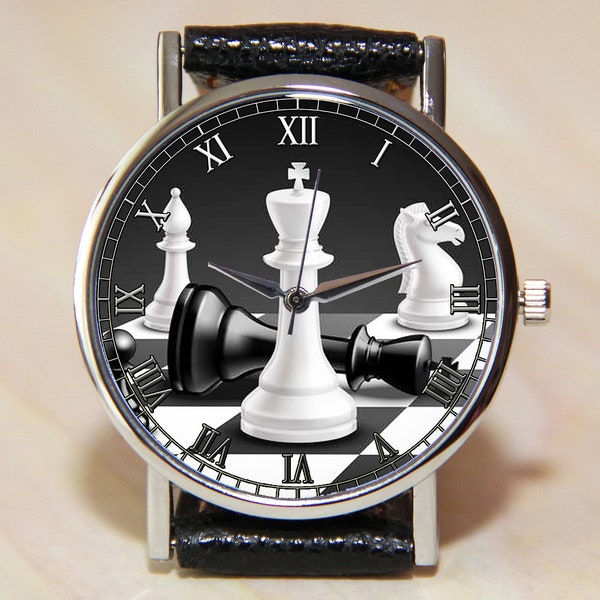 Chess watches, men's watches, women's watches, chess pieces, black watches, leather watches, watch, birthday present, custom watch