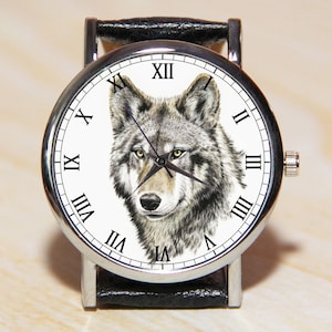 Wolf watches,  men&#39;s watches, animal watches, gray watches, minimalism watches, classic watches, unique watch, handmade watch, leather watch