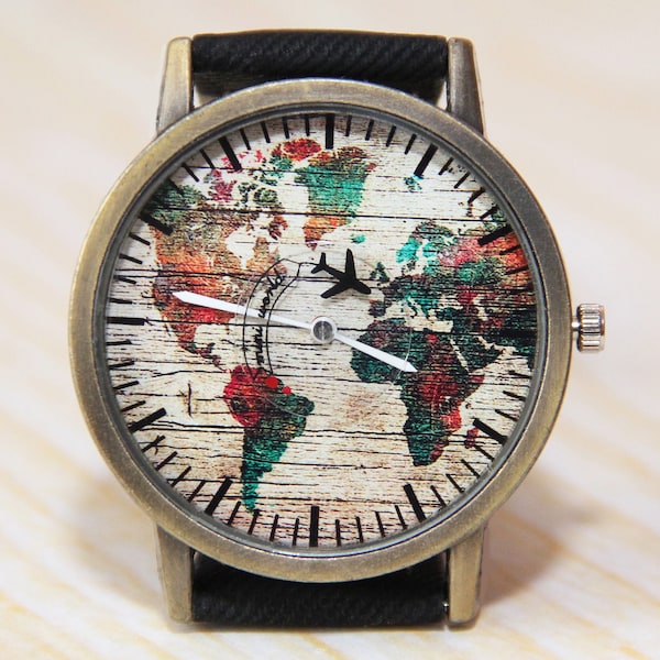 Reloj de pulsera Mapa del mundo, Reloj para hombres, Reloj de mujer, Reloj del mundo verde, Reloj globo, Reloj de avión, Reloj con correa de jeans, Regalo de viajero