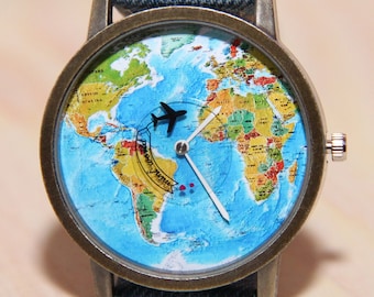 Wristwatch world map, denim watch, travel clock, wrist watch airplane, mens watch, women's watches, unique watches, handmade watches