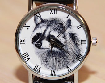Watch raccoon, watches animals, gray watch, men's watches, watches gift, watches hand made, women's watch, cheerful wrist watches