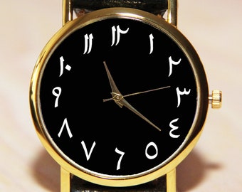 Reloj árabe, reloj con números persas, reloj de cuero, reloj para hombre, relojes para mujer, reloj personalizado, reloj de pulsera con números arábigos, reloj negro