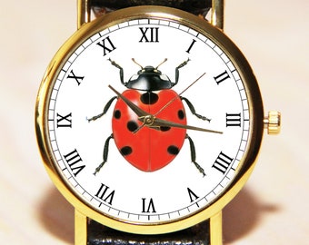 Ladybug watch, Beetle Watch, women's watch, insect watch, red watch, ladybug jewelry, leather watch, unique watch,