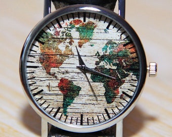 Wristwatch world map, wrist watch globe, watch earth, travel watch, mens watch, female watch, unique watch, watch hand made, Color map