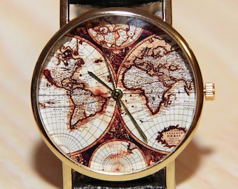 Relojes de pulsera Mapa del mundo antiguo, Reloj mapa del mundo, Reloj de viaje, Relojes de hombre, Relojes de mujer, Relojes con correa de cuero, Relojes hechos a mano