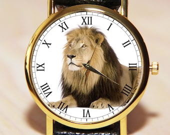 Lion wrist watch, men's watch, women's watch, animal watch, leather watch, brown watch, gift watch, jewelry with a lion, wedding watch