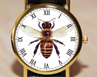 Bienenuhr, Herrenuhren, Damenuhren, Insektenuhren, Uhrgeschenk, Hochzeitsuhr, einzigartige Uhr, Geburtstagsgeschenk, braune Uhr, Lederuhr