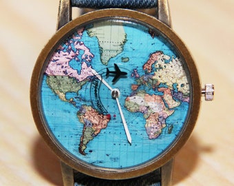 Wristwatches with aircraft, watches world map, watches earth globe, travelers watch, jeans strap