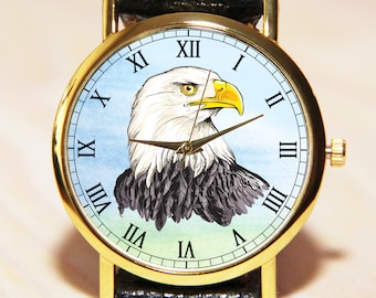 Adler Uhr, Herren Uhr, Damen Uhr, Gothic Uhr, Vogel Uhr, Armbanduhr mit einem Weißkopfseeadler, Vintage Adler Armbanduhr, Lederuhr
