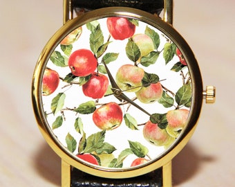 Watch apples,  wrist watch easter gift, handmade watch, children's watches, women's watches, fruit watch,  picture watch, leather watch