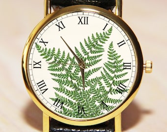 Wrist watch with fern leaves, watch with green leaves, Ladies watch, green watch, leather watch, watch nature,watch plant,watch gift for her