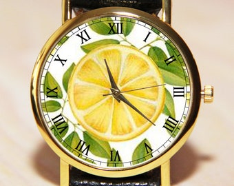 Reloj de medio limón, reloj de pulsera de limón, reloj de mujer, reloj de limón, reloj de cuero, reloj amarillo, reloj de frutas, regalo de reloj, reloj de verano