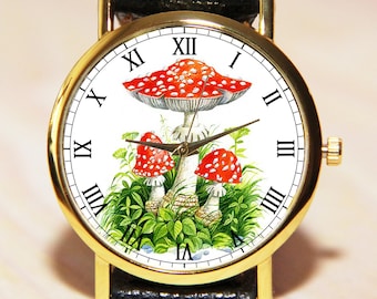 Mushroom watches, women's watches, amanita watches, men's watches, leather watches, red watches, Mushroom Jewellery, fly agaric watch