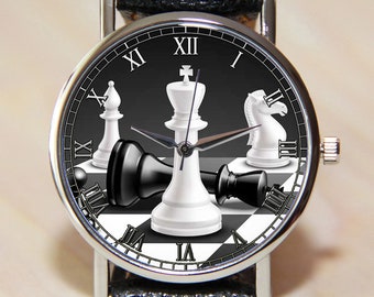 Chess watches, men's watches, women's watches, chess pieces, black watches, leather watches, watch, birthday present, custom watch