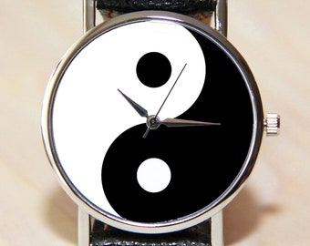 YIN YANG watches, women watches, men's watches, black and white watch, minimalism watches, quartz watches, leather watches, watch gift