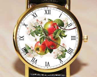 Polshorloge appels, fruit kijken, dameshorloge, polshorloge, leren horloge, bloemen kijken, rood horloge, horloge cadeau, verjaardagscadeau