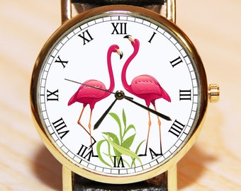 Pink flamingo watch, women's watch, men's watch, bird watch, leather watch, pink watch, minimalism watch, wedding watch, jewelry flamingo