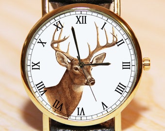 Deer wristwatch, hunter watches, mens watches, womens watches, brown watch, leather watch, christmas present, minimalist watch,watch animal