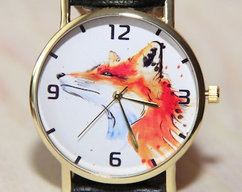 Fox Watch, Watch animals, women's watches, men's watches, fox jewelry, red fox watch, Wristwatch oil painting, Watch art, watch gift