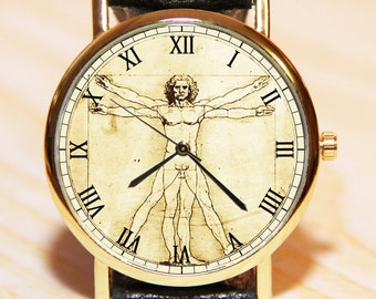 Leonardo Da Vinci Watch, Vitruvian Man watch,  Da Vinci code watch, women's watches, men's watches, leather watch, Leonardo Da Vinci jewelry