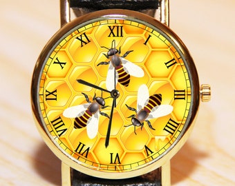 Bienenuhren, Honiguhren, Bienenwabenuhren, gelbe Uhren, Lederuhren, Damenuhren, Geschenkuhren, handgefertigte Uhr, individuelle Uhren