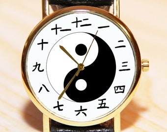 Japanese numerals watch, women's watch, men's watch, leather watch, YIN YANG watches, black and white watch, minimalism watch, quartz watch