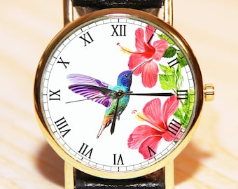 Humming-bird  wrist watch, watch with birds, women's watch, nature watch, hibiscus watch, leather watch, red watch, flower watch