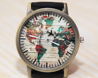 Wristwatch World Map, Mens Watch, Women's Watch, Green World Watch, Globe Watch, Airplane Watch, Jeans Strap Watch, Traveler Gift