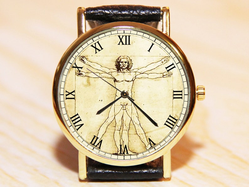 Reloj Leonardo Da Vinci, reloj Hombre de Vitruvio, reloj código Da Vinci, relojes de mujer, relojes de hombre, reloj de cuero, joyas Leonardo Da Vinci imagen 1