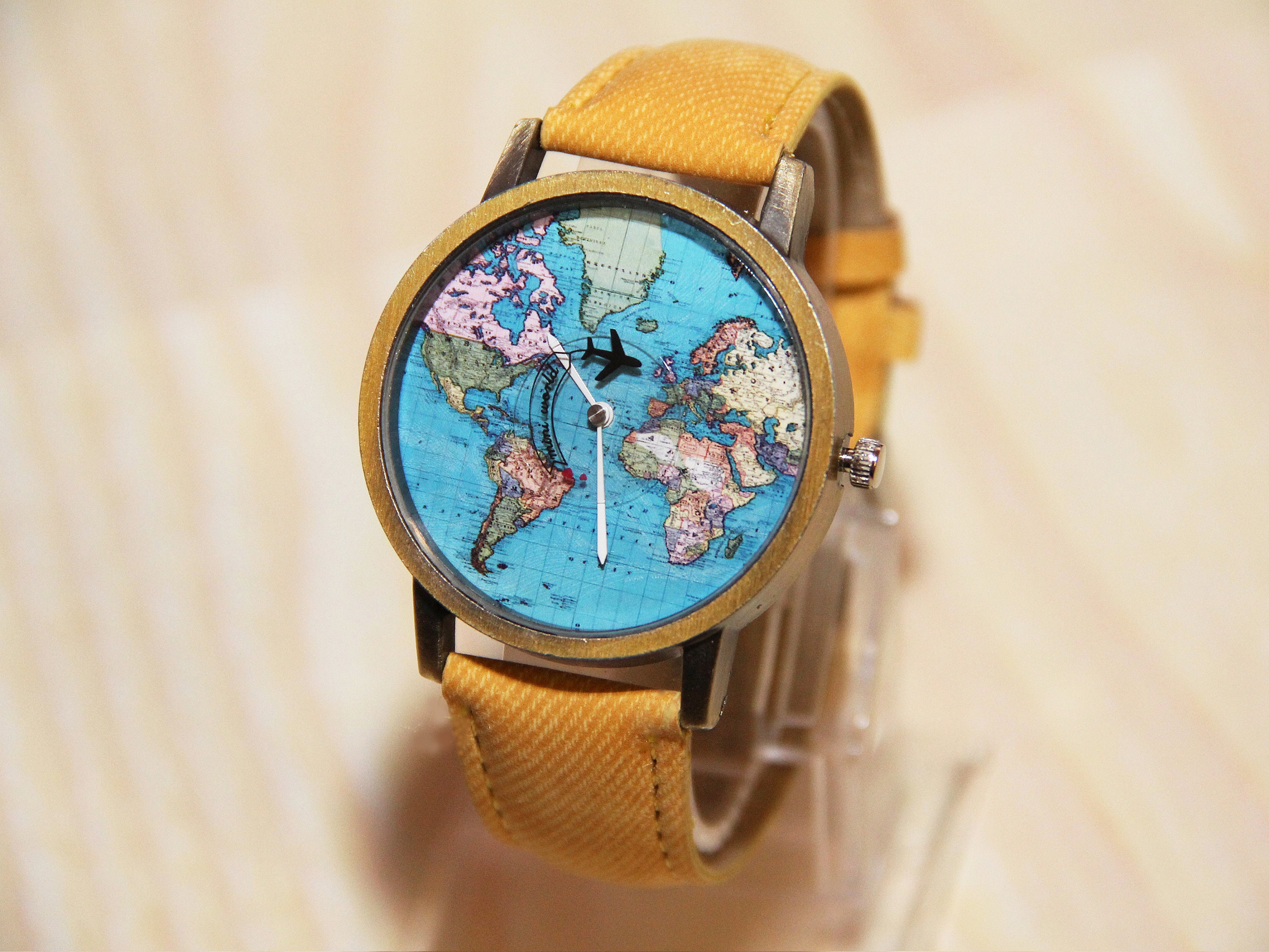 Retro Bronze Case Global Travel by Plane World Map PU Leather Band Quartz Watch Unisex Retro Bronze Case Global Travel by Plane World Map PU  main image 3