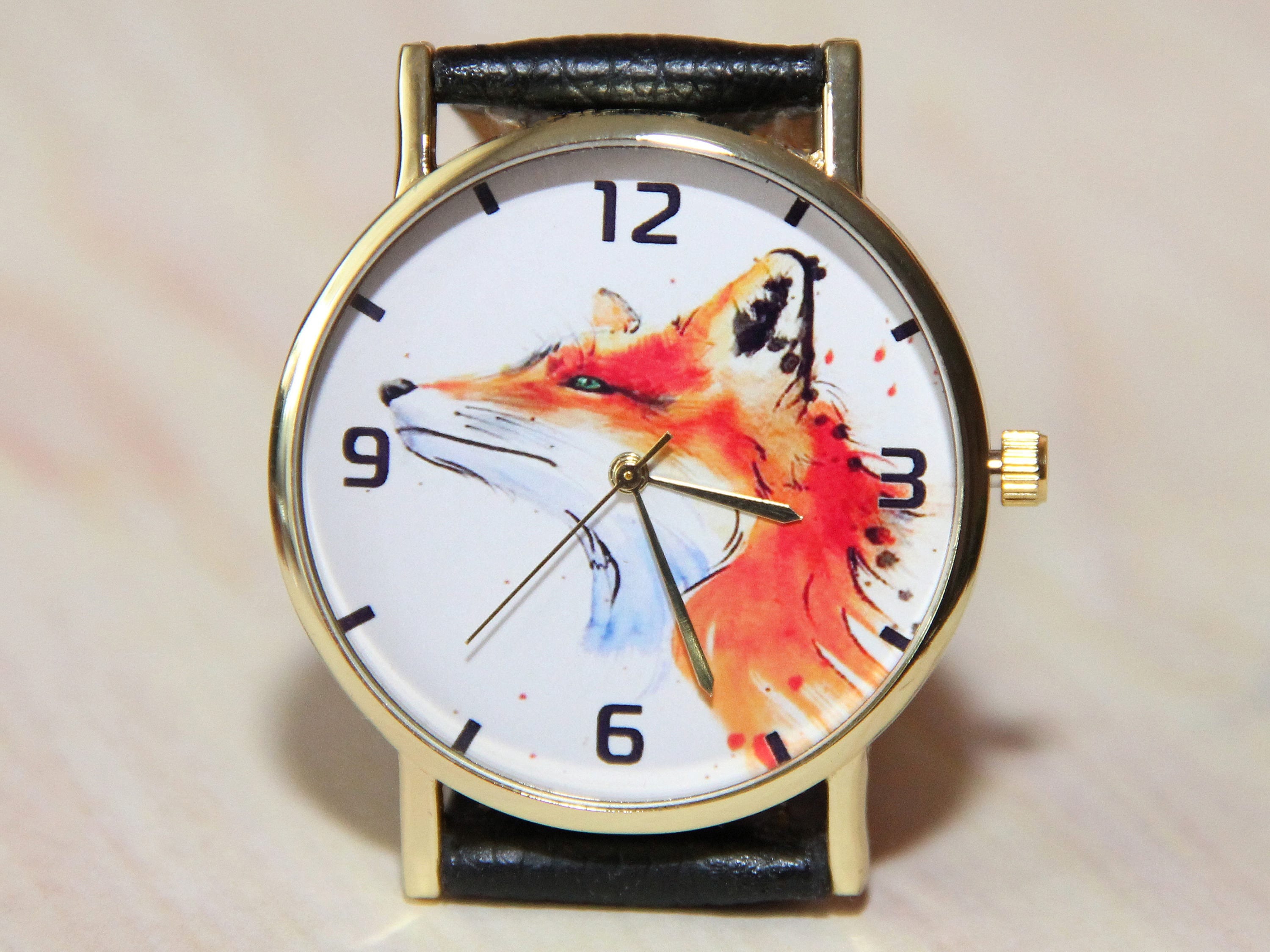 Montre renard, montres animaux, montres femmes, montres hommes, bijoux renard, montre renard roux, peinture à l'huile montre-bracelet, art de la montr