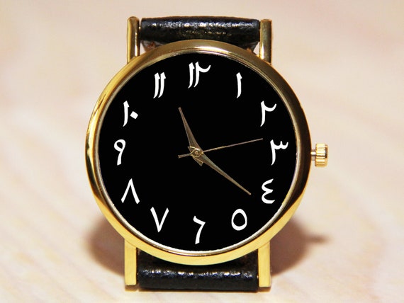 Arabische Uhr, persische Zahlenuhr, Lederuhr, Herrenuhr, Damenuhren,  benutzerdefinierte Uhr, Armbanduhr mit arabischen Ziffern, schwarze Uhr -  .de