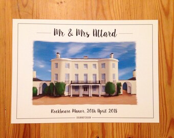 Personalised wedding venue drawing, wedding gift, wedding present, wedding favour, wedding print, unique wedding gift, custom wedding gift