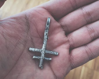 Hand Carved Oxidized Sterling Silver Inverted Lorraine Cross Pendant