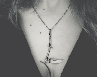 Oxidized Sterling Silver Scythe Pendant: Witchy Gothic Necklace