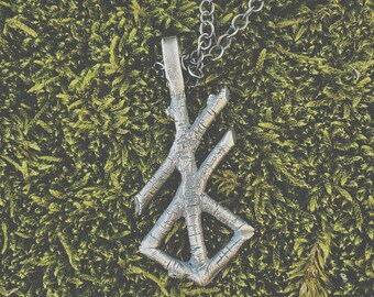 HAND CARVED argento WOLF Bind Rune ciondolo, collana argento ossidato Darkwood, vichingo, norreno, natura, occulto, esoterico, protezione