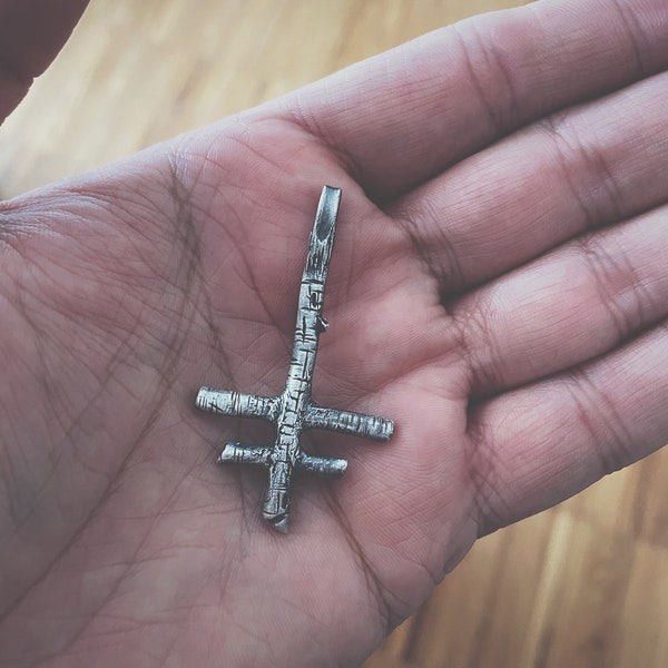 Inverted cross pendant, HAND CARVED in sterling silver, Lorraine cross upside down cross, croix de la Lorraine, occult jewelry