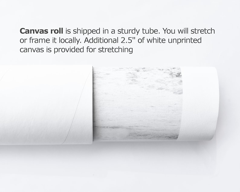May include: A white canvas roll is rolled up inside a sturdy tube. The canvas has a textured surface and is ready to be stretched or framed. The text on the image reads: "Canvas roll is shipped in a sturdy tube. You will stretch or frame it locally. Additional 2.5" of white unprinted canvas is provided for stretching"